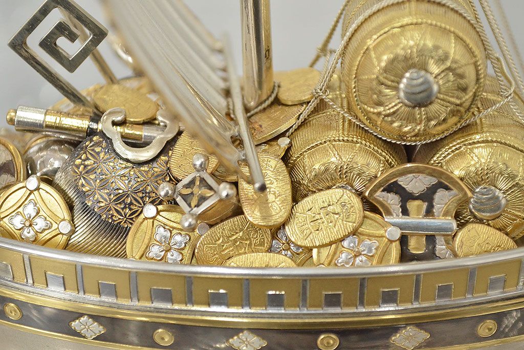 銀製　宝船　置物(彫金、シルバー、1765g)　クラウン70ミリ映写機完成記念(R-046814)