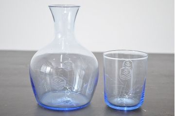 昭和レトロ　花柄　切子　水注(水次、グラス、コップ)(R-046819)