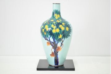 安藤七宝店造　七宝青磁釉柑橘文花瓶(純銀縁)(R-046828)