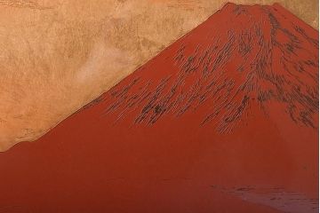 宮越鳳鳴作　赤富士　加賀金箔七宝工芸彫(R-046872)