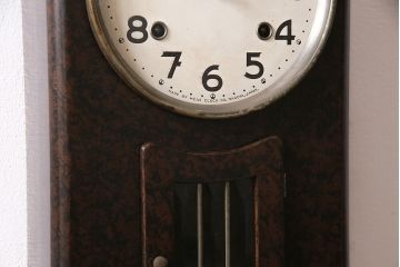 アンティーク時計　昭和中期　Meiji(明治時計社)　珍品　ゼンマイ式　レア!マーブル模様と振り子のデザインが目を引く掛け時計(柱時計、振り子時計)(R-046888)