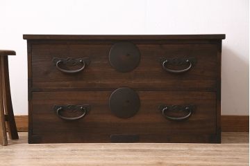 アンティーク家具　大正期　天板リメイク　前面桐材　シンプルで味のある時代箪笥ローボード(チェスト、引き出し、テレビ台)(R-046899)