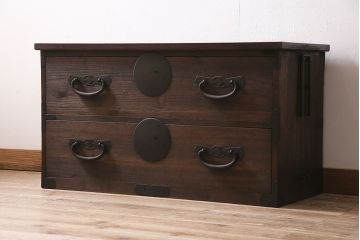 アンティーク家具　大正期　天板リメイク　前面桐材　シンプルで味のある時代箪笥ローボード(チェスト、引き出し、テレビ台)(R-046899)