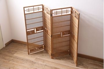 ヴィンテージ家具　昭和中期　民芸家具　和の風情を演出する四連折り畳み式パーテーション(衝立、仕切り、ビンテージ)(R-046903)