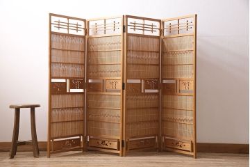 ヴィンテージ家具　昭和中期　民芸家具　和の風情を演出する四連折り畳み式パーテーション(衝立、仕切り、ビンテージ)(R-046903)