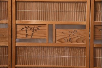 ヴィンテージ家具　昭和中期　民芸家具　和の風情を演出する四連折り畳み式パーテーション(衝立、仕切り、ビンテージ)(R-046903)