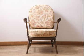 中古美品　ERCOL(アーコール)　淡い花柄のファブリックがお洒落な1人掛けソファ(ラウンジチェア、アームチェア、椅子、1シーターソファ)(R-046914)