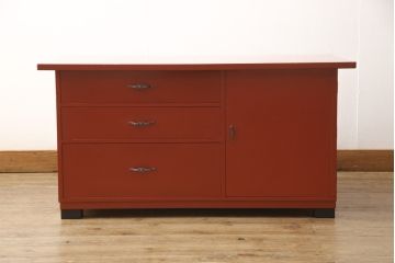 中古　指物工芸家具　中桐材　上手物!朱漆塗りが美しいローデスク(定価約49万円)(机、在宅ワーク、在宅用センターテーブル)(R-046930)