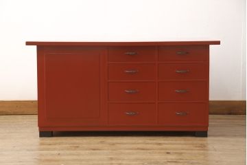 中古　指物工芸家具　中桐材　上手物!朱漆塗りが美しいローデスク(定価約49万円)(机、在宅ワーク、在宅用センターテーブル)(R-046930)