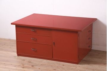 中古　指物工芸家具　中桐材　上手物!朱漆塗りが美しいローデスク(定価約49万円)(机、在宅ワーク、在宅用センターテーブル)(R-046930)