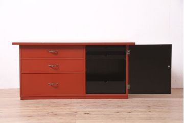 中古　指物工芸家具　中桐材　上手物!朱漆塗りが美しいローデスク(定価約49万円)(机、在宅ワーク、在宅用センターテーブル)(R-046930)