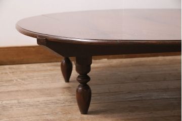 アンティーク家具　昭和初期　総ケヤキ材　挽き物加工の脚がアクセントの丸ちゃぶ台(座卓、折りたたみテーブル、ローテーブル)(R-046939)