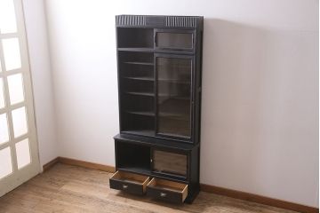 アンティーク家具　昭和初期　ペイント　薄型サイズが珍しい!コレクションのディスプレイにおすすめのキャビネット(収納棚、ガラス戸棚、飾り棚)(R-046945)