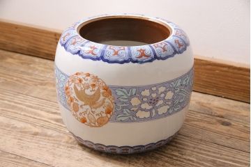 アンティーク雑貨　大正昭和初期　鳳凰・花の図　空間を彩る瀬戸火鉢(鉢カバー)(R-046976)