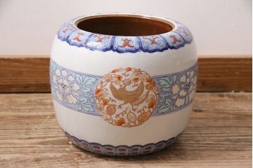 アンティーク雑貨　大正昭和初期　鳳凰・花の図　空間を彩る瀬戸火鉢(鉢カバー)(R-046976)