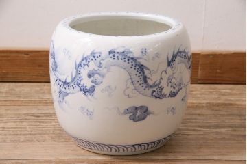 アンティーク雑貨　大正昭和初期　龍の図が大胆に描かれた瀬戸火鉢(鉢カバー)(R-046977)