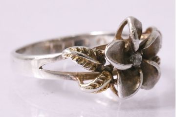 ヴィンテージアクセサリー　イギリス　シルバー925　キュービックジルコニア　花飾り　リング(指輪、ビンテージ)(R-047013)