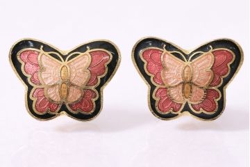 ヴィンテージアクセサリー　アール・ヌーヴォースタイル　エナメル　メタル　蝶モチーフ　ピアス(ビンテージ)(R-047018)