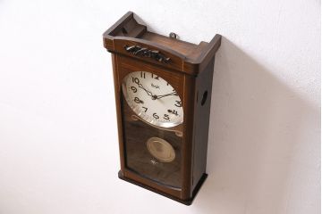 ヴィンテージ時計　昭和中期　Meiji(明治時計社)　ゼンマイ式　クラシカルな雰囲気溢れる大振りの掛け時計(振り子時計、柱時計、古時計、ビンテージ)(R-047039)