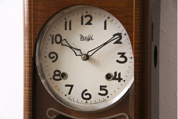 ヴィンテージ時計　昭和中期　Meiji(明治時計社)　ゼンマイ式　クラシカルな雰囲気溢れる大振りの掛け時計(振り子時計、柱時計、古時計、ビンテージ)(R-047039)