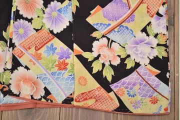 昭和初期　アンティーク　錦紗　花柄　着物(正絹、古布、縮緬)(R-047064)