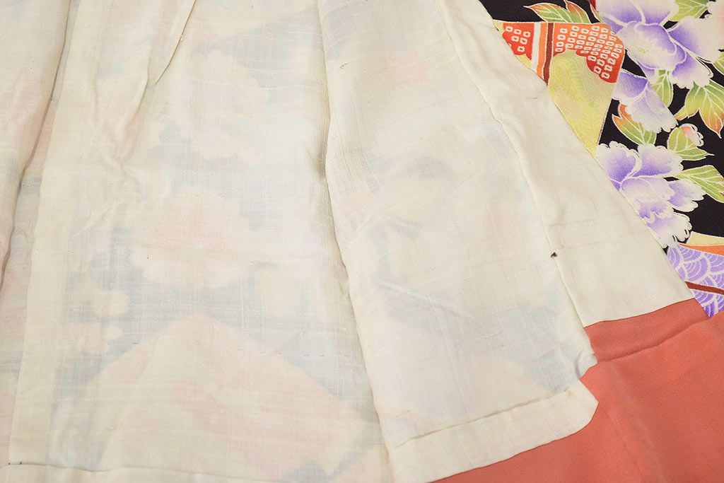 昭和初期　アンティーク　錦紗　花柄　着物(正絹、古布、縮緬)(R-047064)