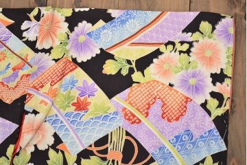 昭和初期　アンティーク　錦紗　花柄　着物(正絹、古布、縮緬)(R-047064)