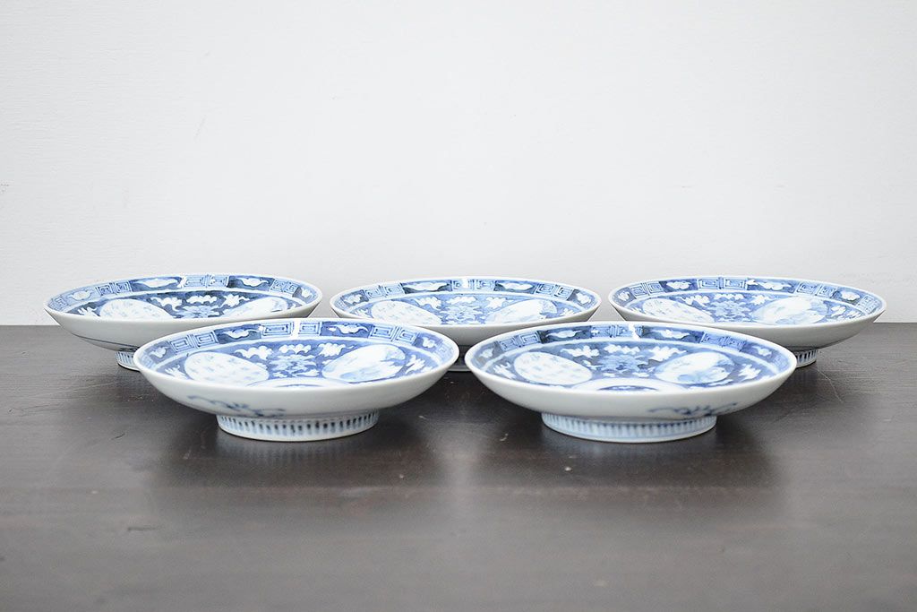 明治〜大正　平戸嘉祥　銘　染付　五寸皿　5枚セット(和食器)(R-047081)