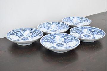 明治〜大正　平戸嘉祥　銘　染付　五寸皿　5枚セット(和食器)(R-047081)