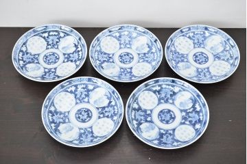 明治〜大正　平戸嘉祥　銘　染付　五寸皿　5枚セット(和食器)(R-047081)