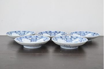 明治〜大正　平戸嘉祥　銘　染付　五寸皿　5枚セット(和食器)(R-047082)