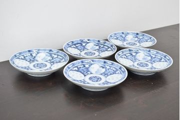 明治〜大正　平戸嘉祥　銘　染付　五寸皿　5枚セット(和食器)(R-047082)