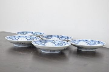 明治〜大正　平戸嘉祥　銘　染付　五寸皿　5枚セット(和食器)(R-047082)
