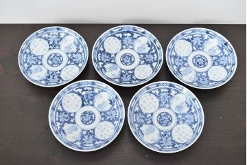 明治〜大正　平戸嘉祥　銘　染付　五寸皿　5枚セット(和食器)(R-047082)