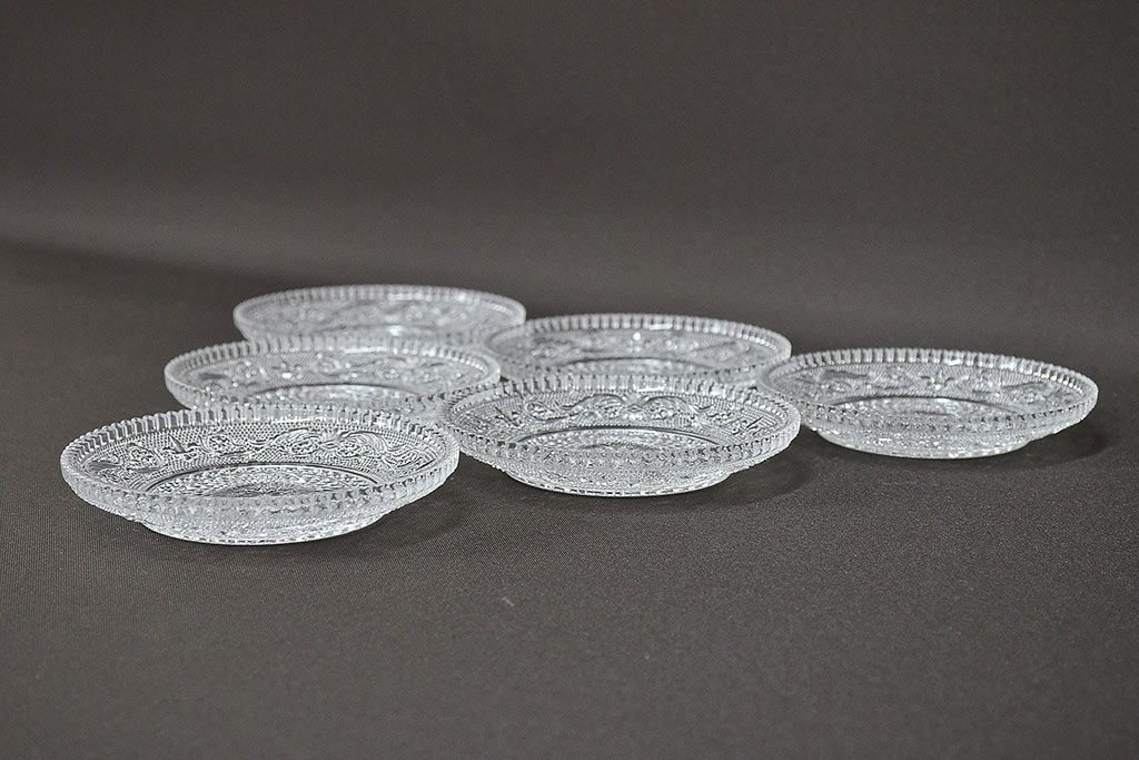 昭和初期　古いプレス小皿6枚(レース柄、プレート)(R-047088)