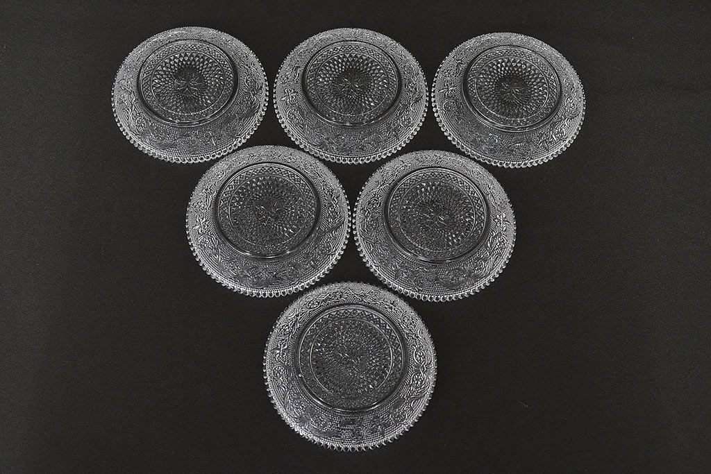昭和初期　古いプレス小皿6枚(レース柄、プレート)(R-047088)