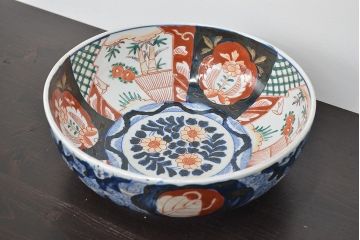 明治期　伊万里焼　二重高台　色絵　深鉢(深皿、和食器)(R-047089)
