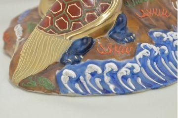 明治〜大正　九谷焼　鶴亀の図　色絵　置物(人形、フィギュリン)(R-047090)