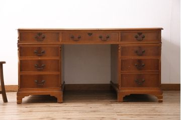 イギリスアンティーク　両面使いが出来るレザートップの両袖デスク(パートナーデスク、机、在宅ワーク、在宅用ワークデスク)(R-047117)