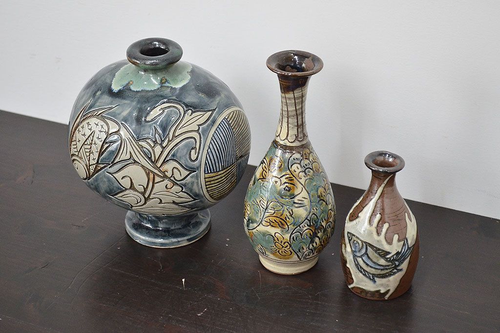 壺屋焼　金城敏男　花瓶など3点(魚文、金城次郎?、琉球)(R-047162)