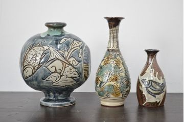 壺屋焼　金城敏男　花瓶など3点(魚文、金城次郎?、琉球)(R-047162)