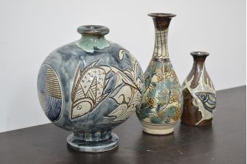 壺屋焼　金城敏男　花瓶など3点(魚文、金城次郎?、琉球)(R-047162)