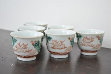 明治期　九谷焼　人参図　色絵　猪口6個(和食器、向付)(R-047185)