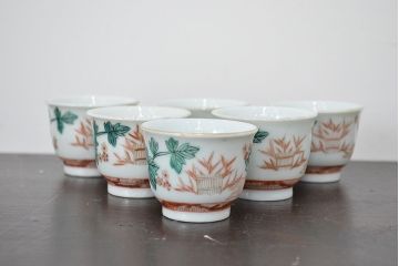 明治期　九谷焼　人参図　色絵　猪口6個(和食器、向付)(R-047185)