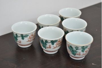 明治期　九谷焼　人参図　色絵　猪口6個(和食器、向付)(R-047185)