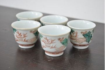 明治期　九谷焼　人参図　色絵　猪口5個(和食器、向付)(R-047186)