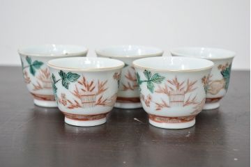 明治期　九谷焼　人参図　色絵　猪口5個(和食器、向付)(R-047186)