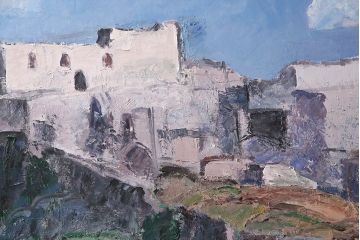 2001年 樋口善造作 岩城の町 油絵 100号程(油彩、額装)(R-047197)