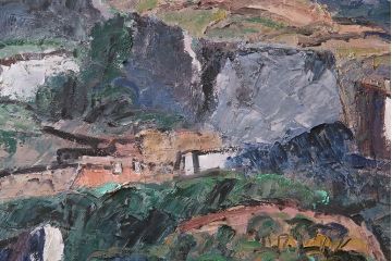 2001年 樋口善造作 岩城の町 油絵 100号程(油彩、額装)(R-047197)