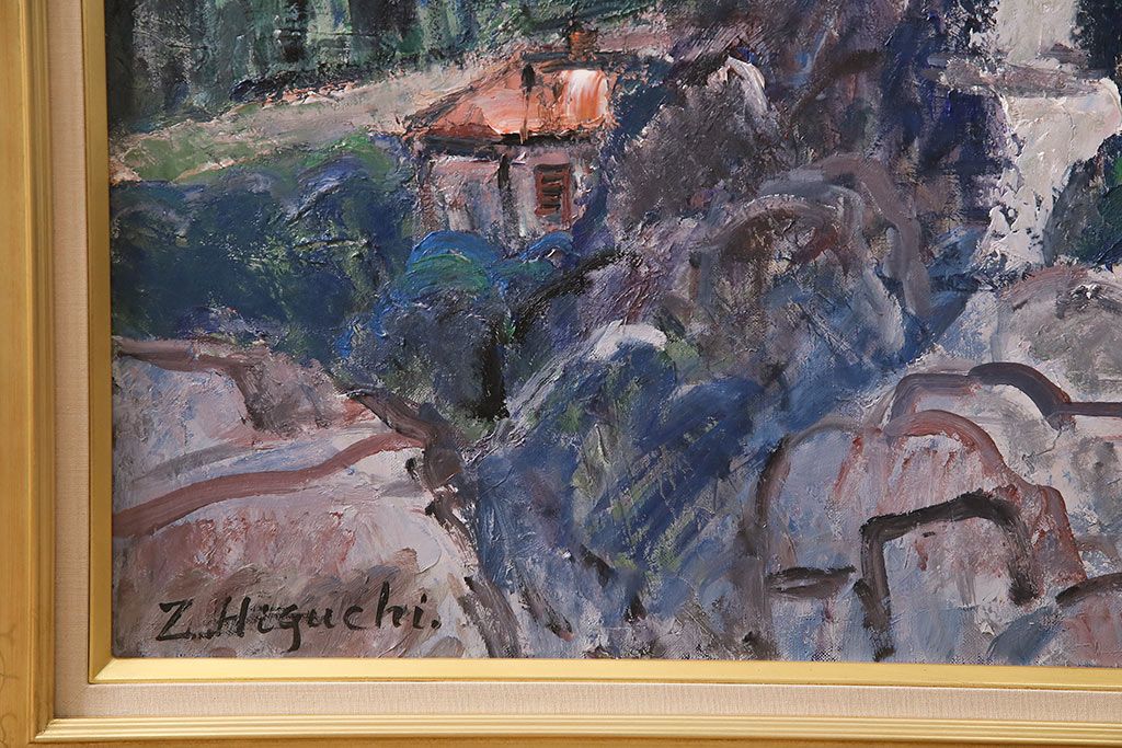 2001年 樋口善造作 岩城の町 油絵 100号程(油彩、額装)(R-047197)